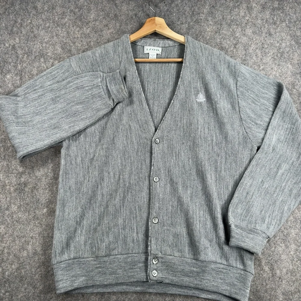 Vintage IZOD Sweater Mens‎ Large Gray Acrylic Cardigan Made USA V Neck Logo
